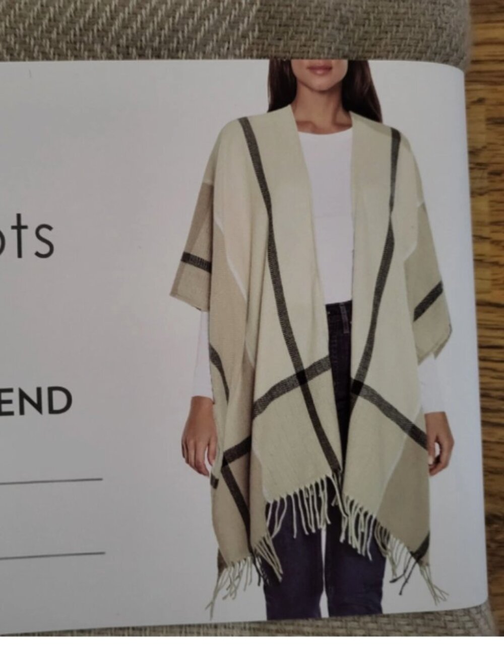 Three Dots Cashmere Blend Wrap Fringe One Size Beige Tan Black Plaid Ladies $98
